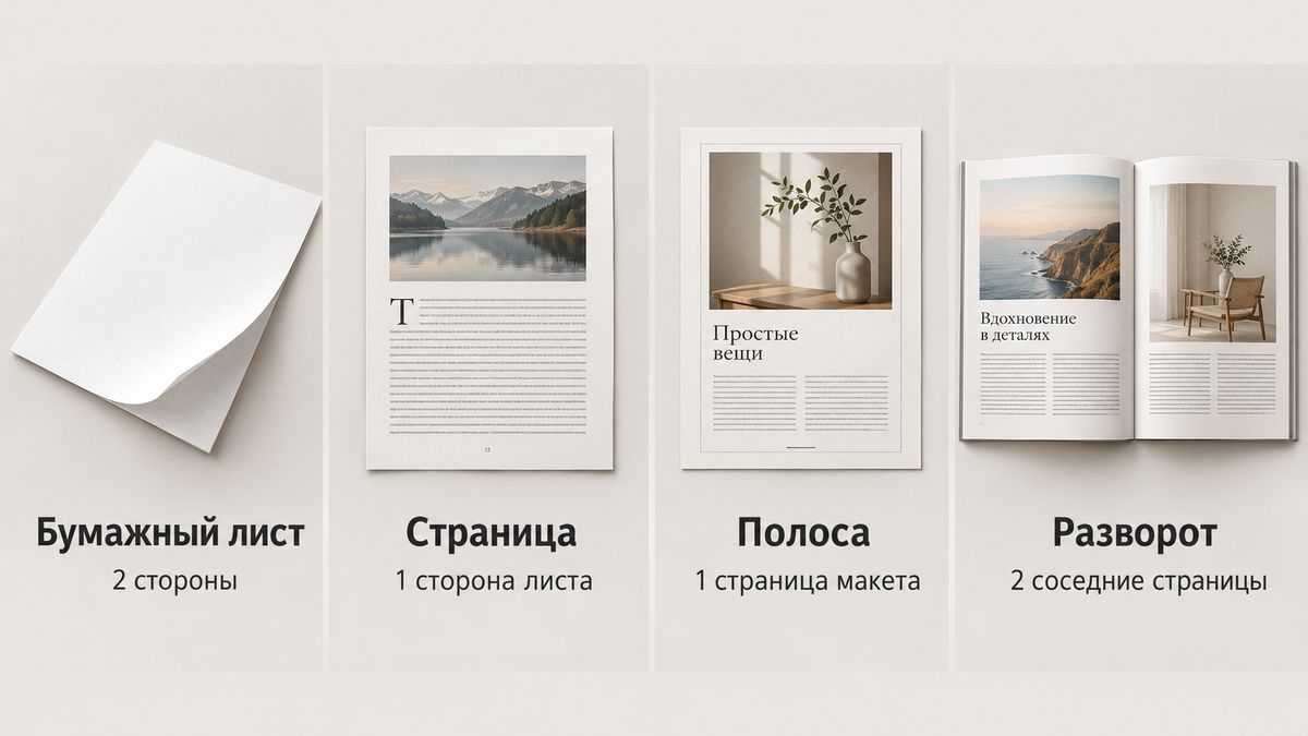 Лист, страница, полоса и разворот — в чём разница